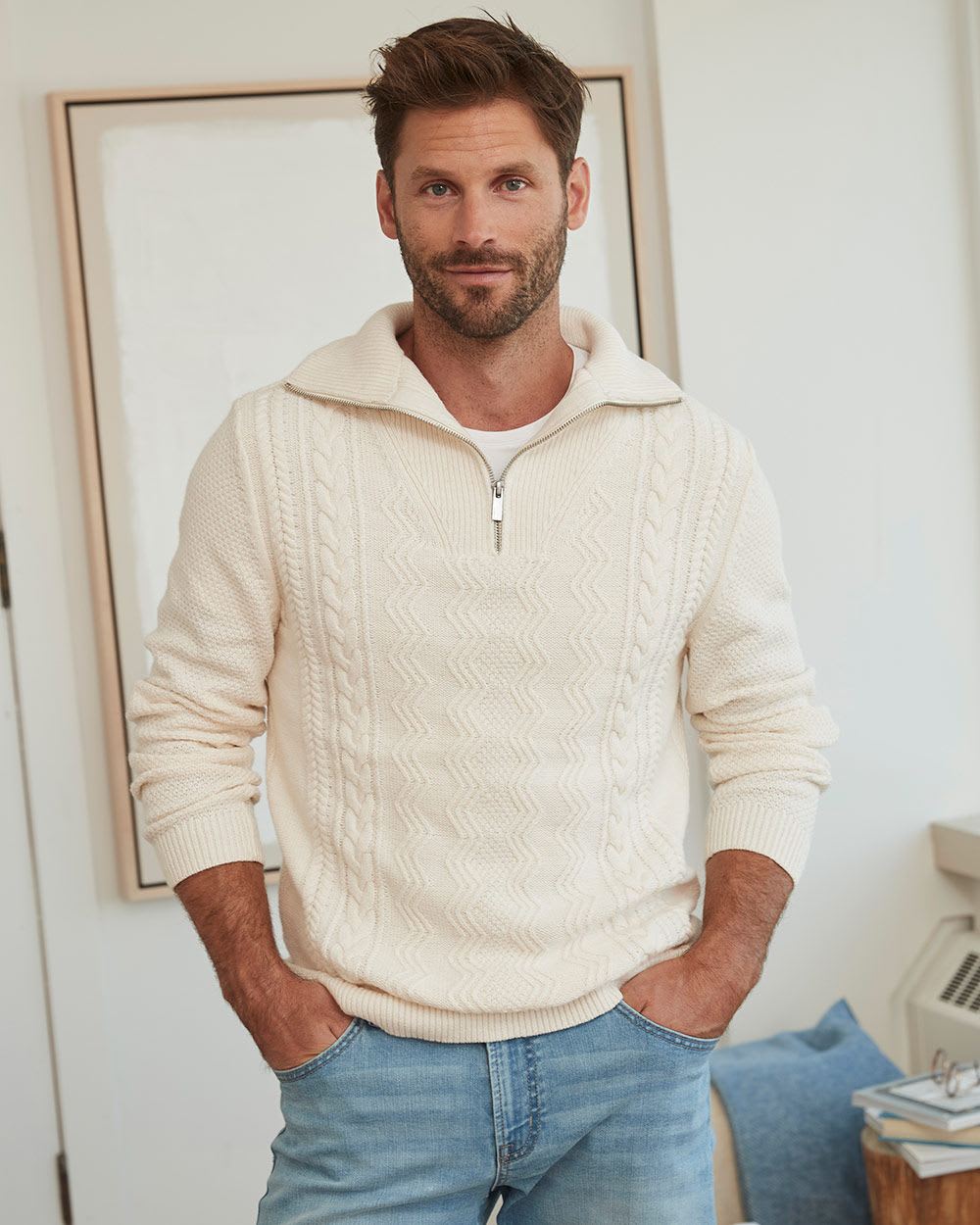 Essential Zipped Mock-Neck Cable-Knit Sweater | RW&CO.